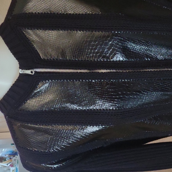 Vintage long black zippered cardigan/ coat w/ faux leather/ribbed sleeves Large - Picture 3 of 8